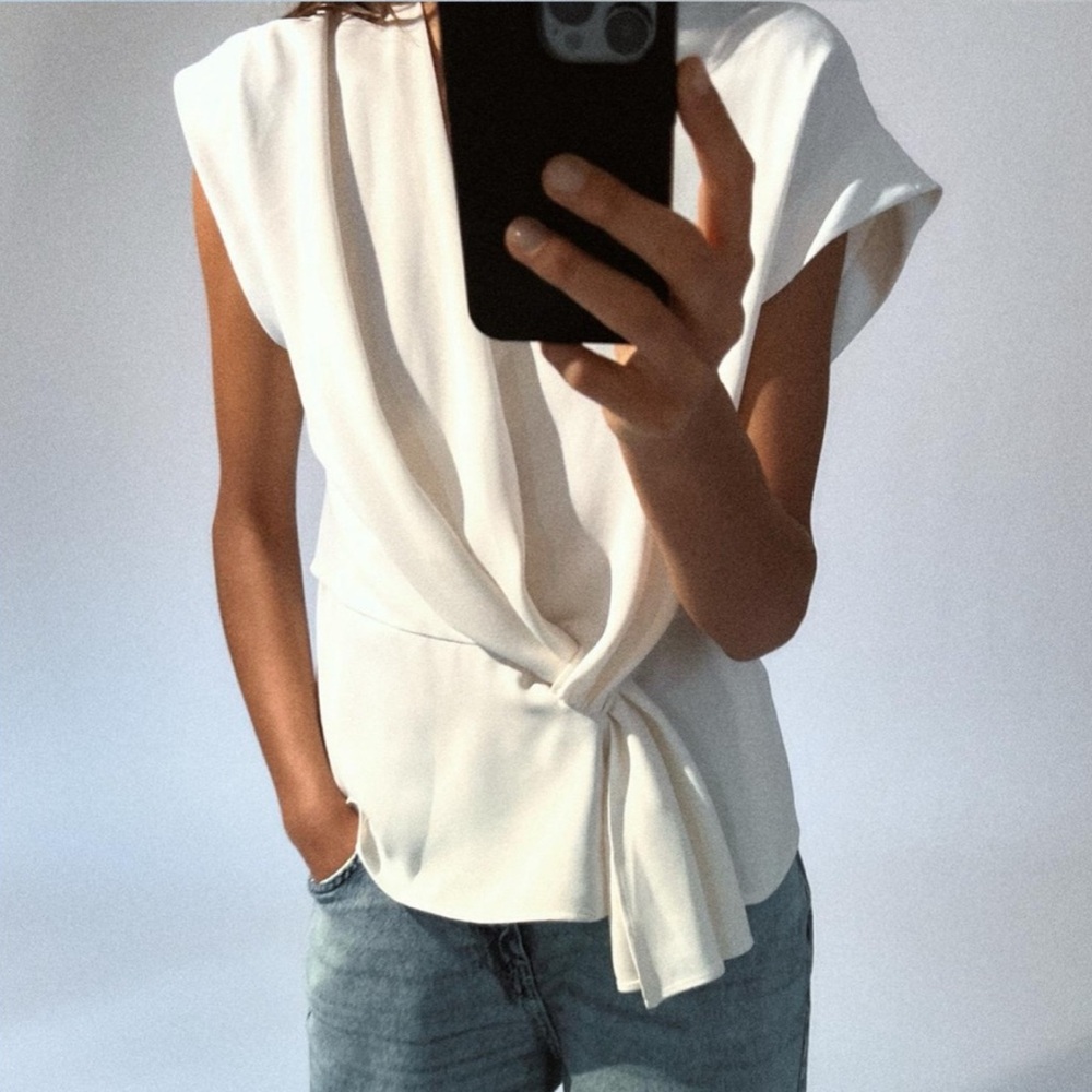 Zara knotted crepe top Elegant off-White Drape Top blouse Size XL